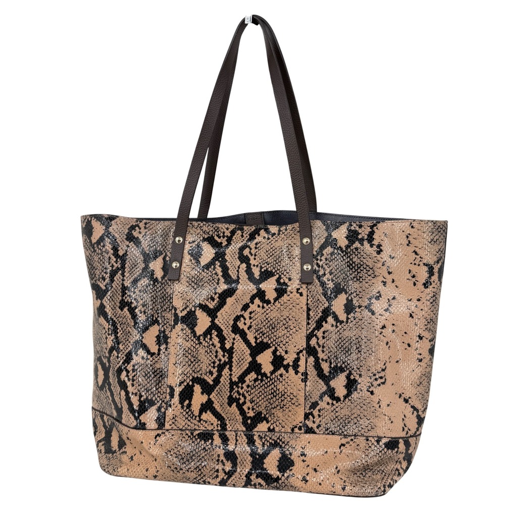 Cole Haan Tote Bag Brown Black Leather Snakeskin Print Shoulder Bag Reptile